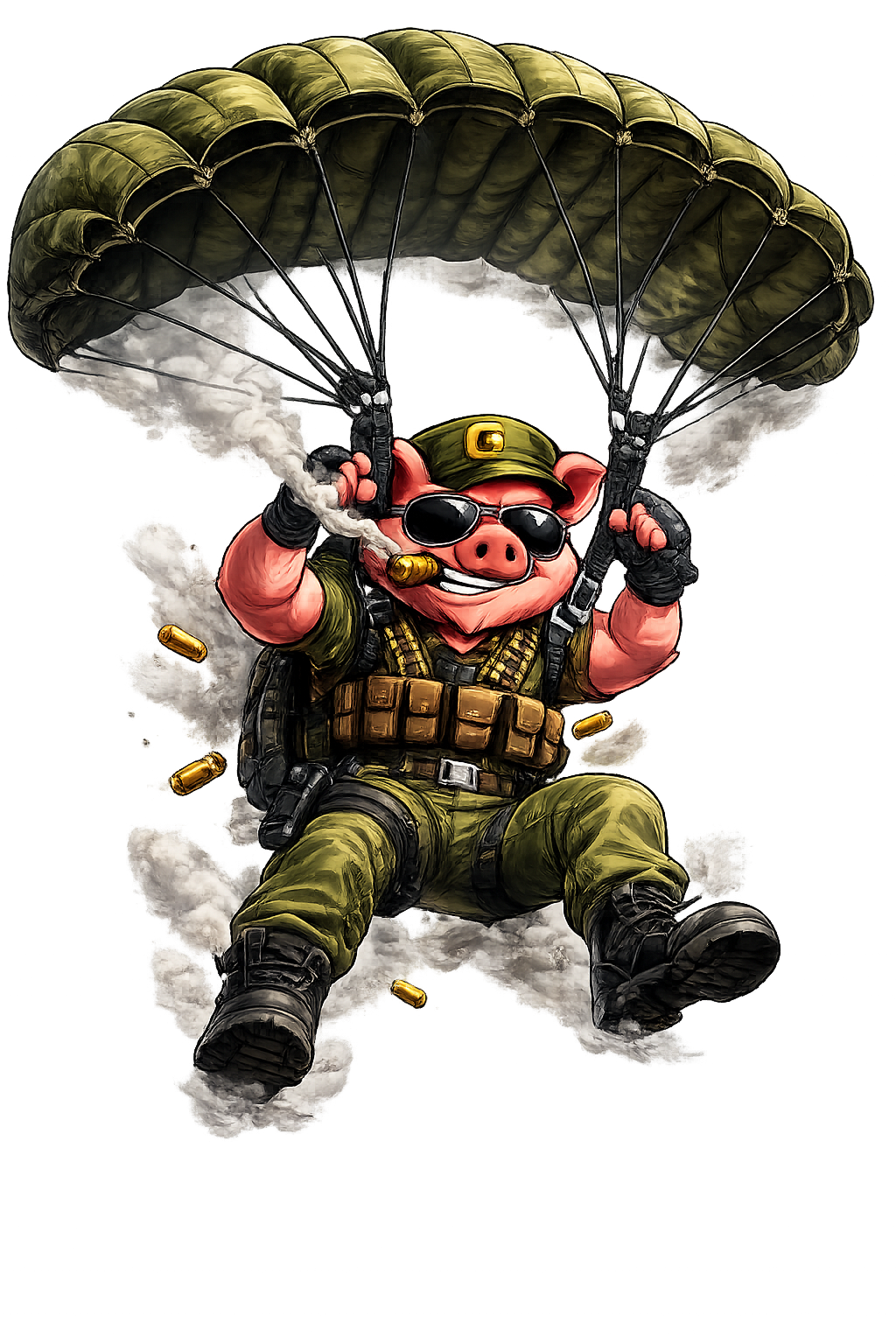 General GunoPig as a paratrooper descending from the sky with a deployed parachute